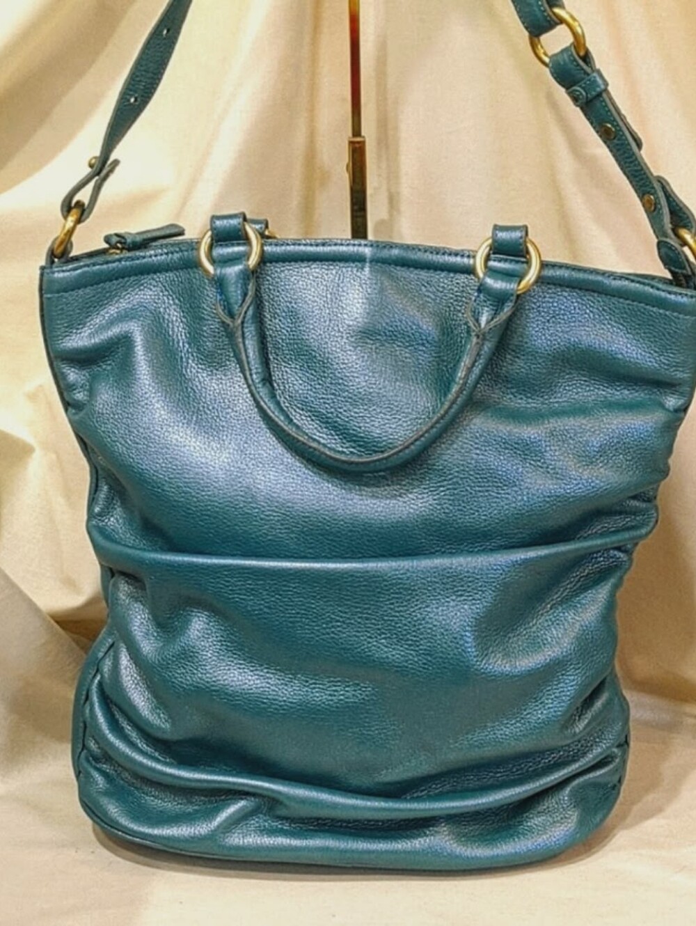 Brahmin Vivienne Metallic Teal Leather Ruched Tote Shoulder Bag Y2K